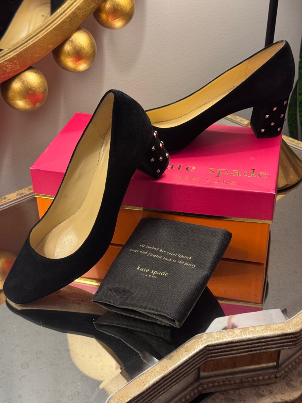Kate Spade Black Suede Gold Studded Heels Pumps - Size 9 - Picture 4 of 13